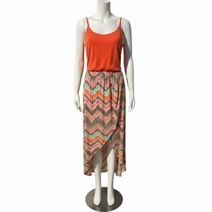 Vibrant Chevron Midi Dress in Orange and Pink